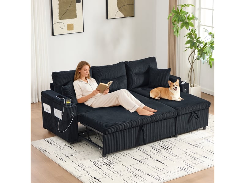  Canapé d'angle convertible 3 places,212.5x136x86cm,tiroir,porte-gobelets,usb-c,canapé-lit en velours côtelé avec méridienne rangement,noir  - Conforama B
