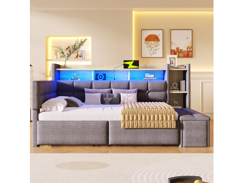  Lit simple 90x190 cm, 2 tiroirs, coffre, ports usb type-c et led, tissu en velours, couleur gris foncé, sans matelas  - Conforama D