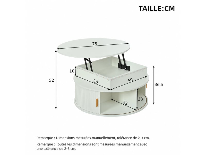 Table basse ronde relevable avec led et rangement – mdf blanc – ø 75 cm, h. 36,5 à 52 cm - Conforama D