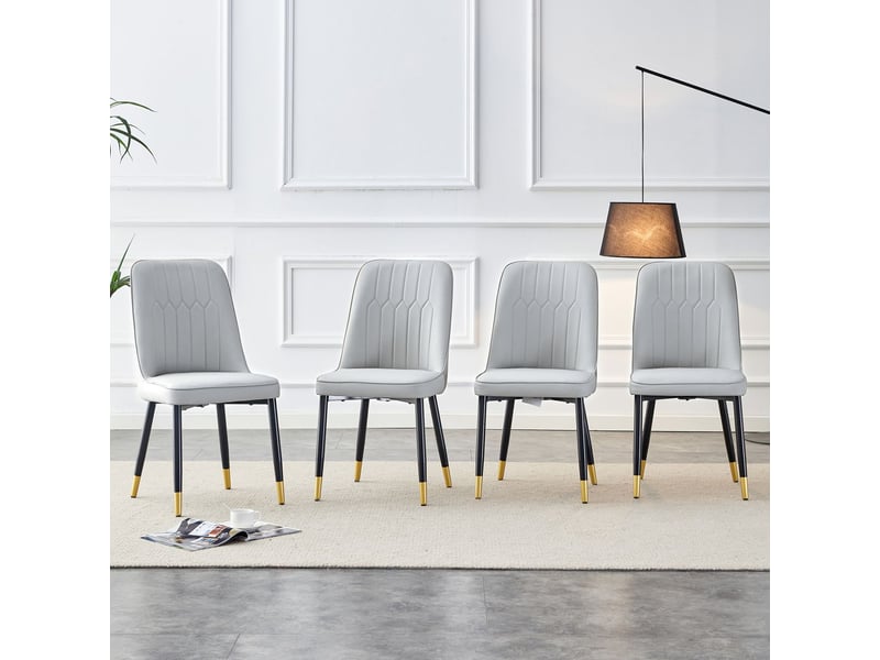  Chaise de salle à manger assise gris clair style moderne dossier rembourré en cuir pu pieds en métal noir adaptée à divers usages  - Conforama B