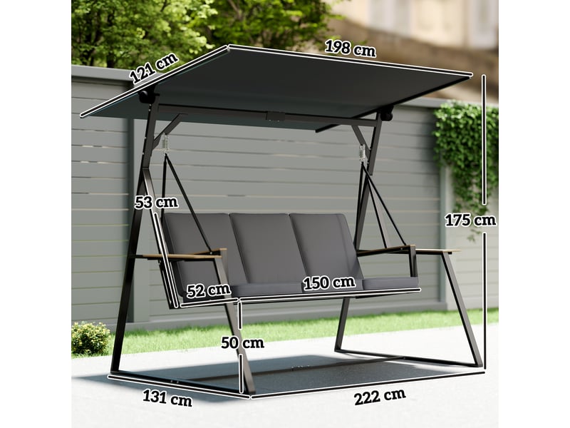 Balancelle de jardin 3 places, toit orientable 60° uv50+, structure metallique 360 kg, bacs lateraux, coussins rembourres, 222 x 131 x 175 cm - Conforama C