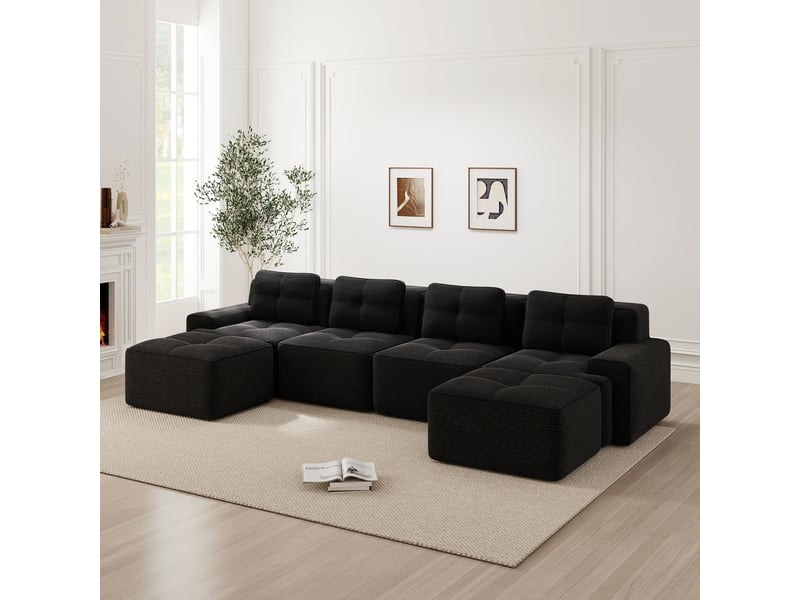  Canapé modulable d'angle en l,382x177x69cm,canapé 4 places sans structure avec 2 pouf,en velours côtel,rembourrage haute densité 32d - noir  - Conforama B