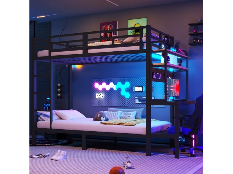  Lit superposé 90x200 cm avec bureau et led en métal noir  - Conforama C