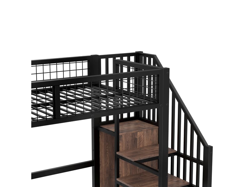  Lit mezzanine lit simple en métal et mdf avec bureau, étagères et armoire, 90x200 cm, sans matelas, noir et marron  - Conforama E