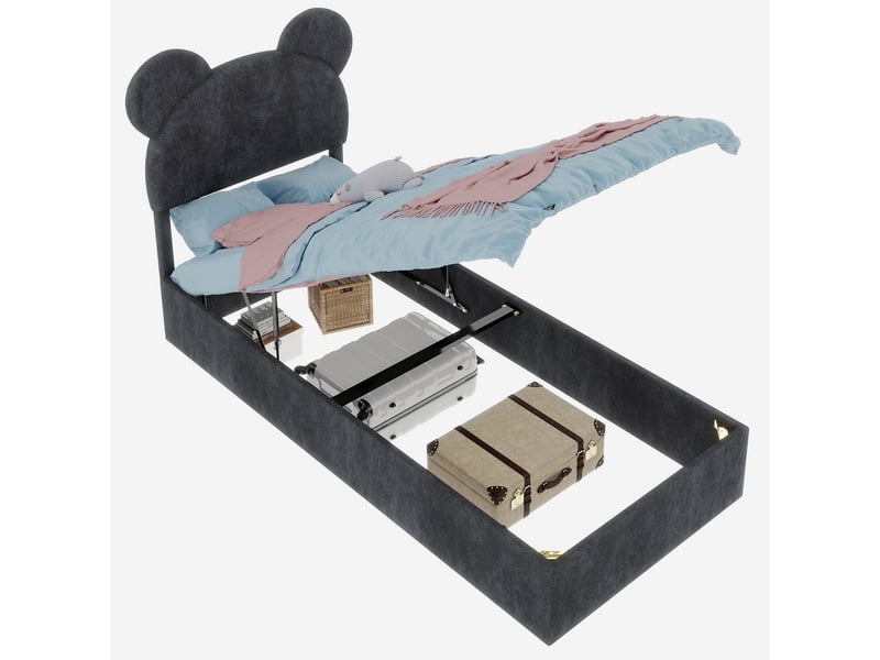  Lit coffre 90x200cm tête de lit ours - lit rembourré - tissu gris, sommier relevable, grand rangement, sans matelas  - Conforama C
