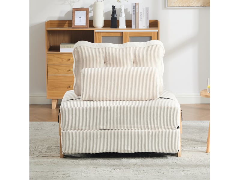  Fauteuil convertible avec dossier ergonomique et fonction couchage, pieds en bois, velours côtelé beige, 90 × 86 × 84 cm  - Conforama C