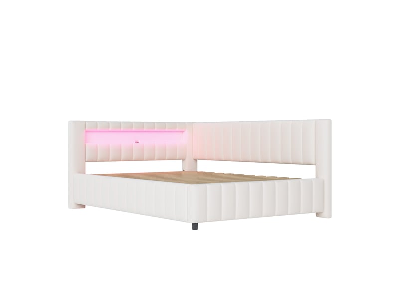  Lit d'appoint 140 x 200 cm beige en velours, forme en l avec éclairage led, port usb et sommier à lattes  - Conforama C