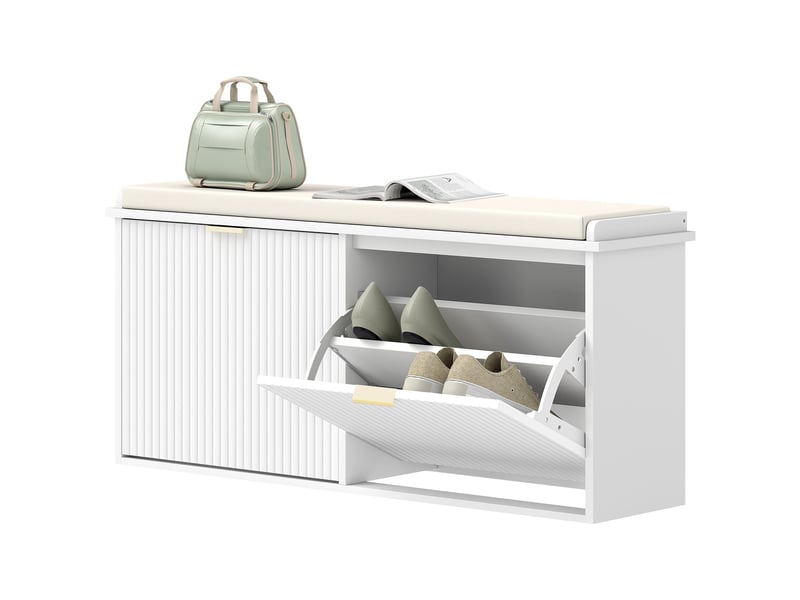  Banc à chaussures avec assise rembourrée, 2 tiroirs rabattables et étagère réglable pour l'entrée, 104 x 26 x 47,5 cm, blanc  - Conforama B