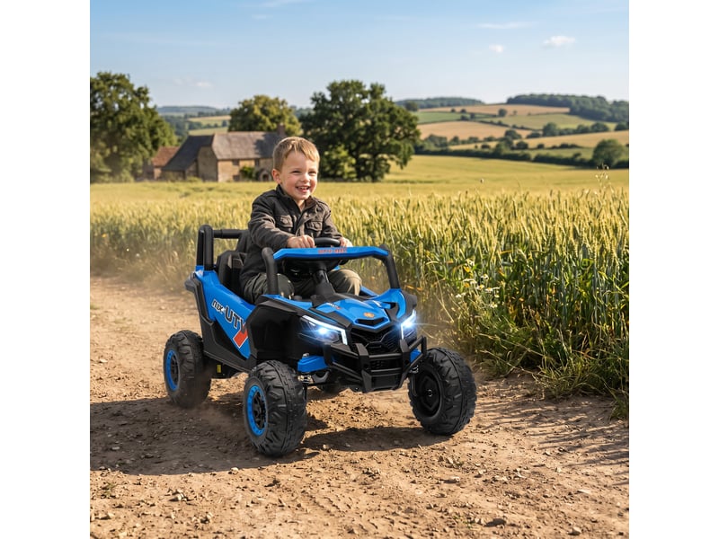  Voiture électrique 12v pour enfants, télécommande, ceinture de sécurité, klaxon, phares led, port usb, pour les 3-5 ans, bleue  - Conforama D