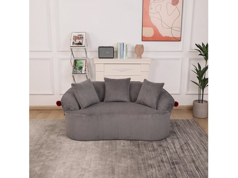  Canapé droit 2 places aux lignes courbes avec 3 coussins, pompons et coussin en velours côtelé gris foncé  - Conforama D