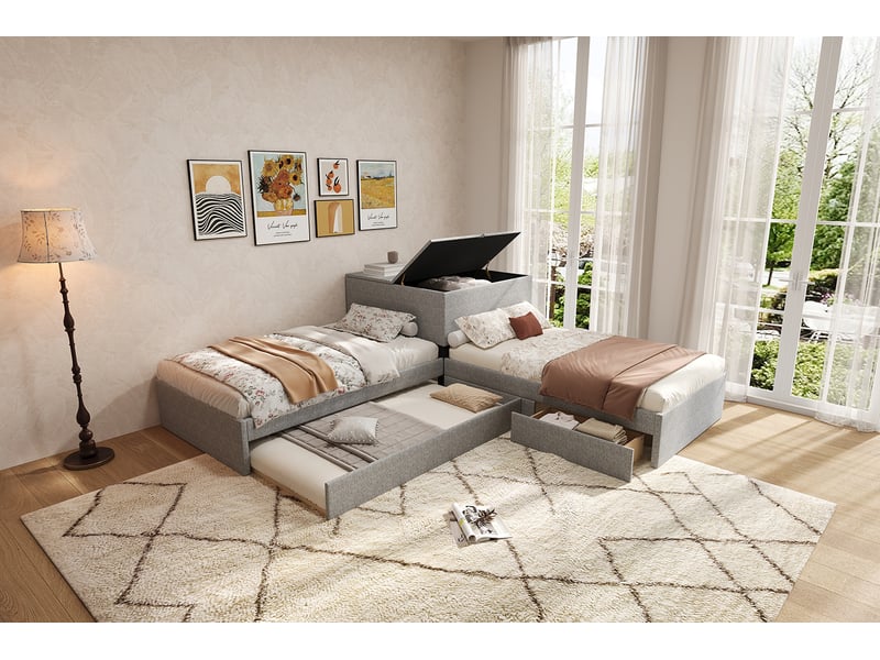  Lit d'angle 90x200 cm en lin gris avec lit gigogne 3 places et tiroirs de rangement  - Conforama W