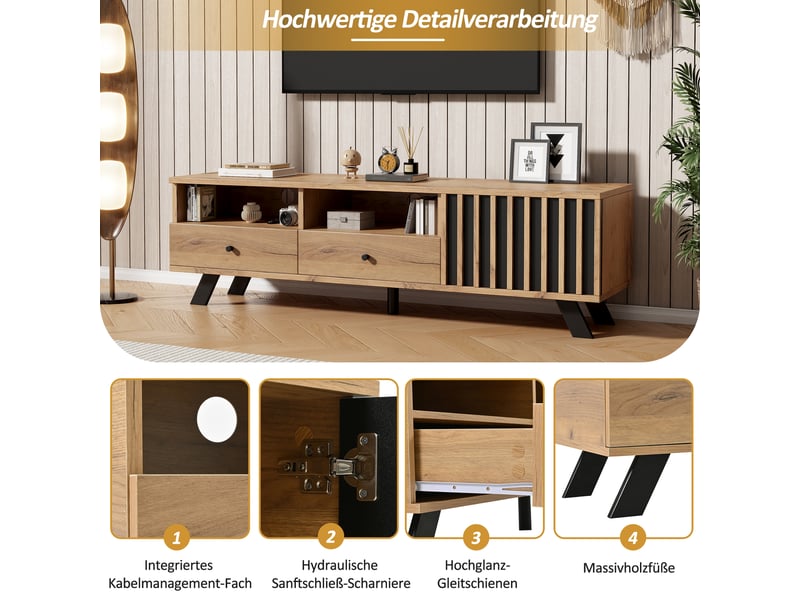  Meuble tv 150 cm en bois naturel et noir, meuble tv pour téléviseur 60 pouces avec rangements, tiroirs et placard  - Conforama W