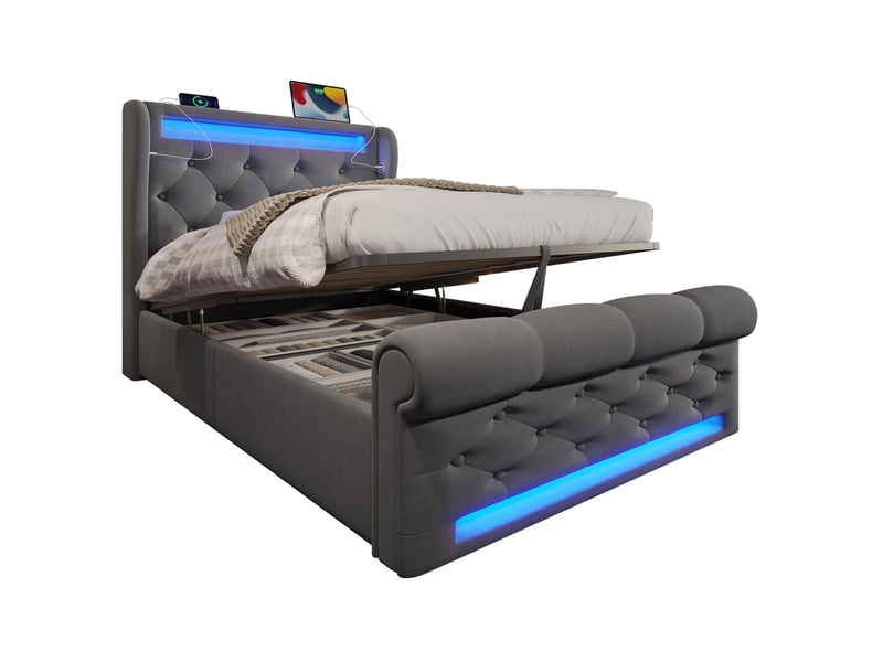  Modenvie lit coffre 90x200 cm - led intégrée, ports usb-c et rangement - avec matelas inclus - gris  - Conforama A