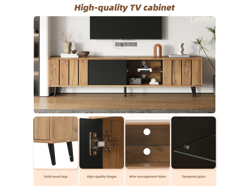  Meuble tv bois naturel et noir, meuble tv pour écran jusqu'à 75 pouces, 3 portes et niche centrale, 175 x 31,5 x 45 cm  - Conforama R