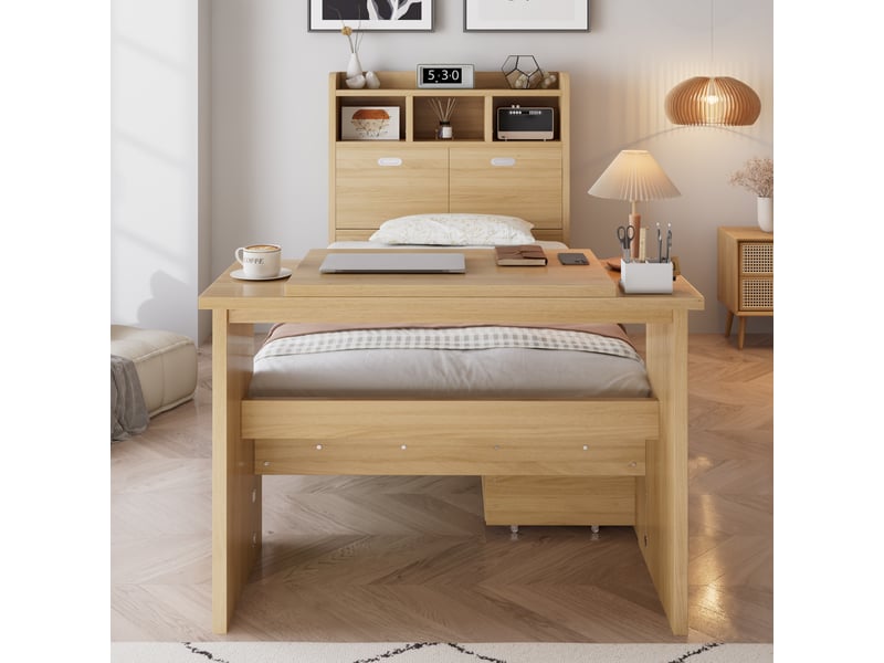  Lit simple 90x200 cm, lit enfant, tiroirs, étagères, bois naturel  - Conforama C