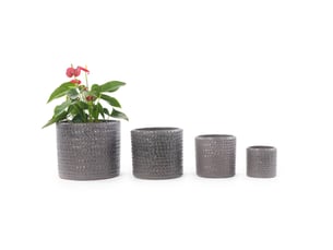 Pot de fleurs en céramique ø37 cm – gris brillant – relief chevrons et trou de drainage extérieur