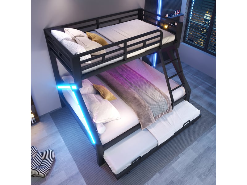  Lit superposé 90x200 140x200 cm avec lit gigogne 90x190, 3 couchages, led, barrières de sécurité, échelle, métal et mdf - noir (sans matelas)  - Conforama D