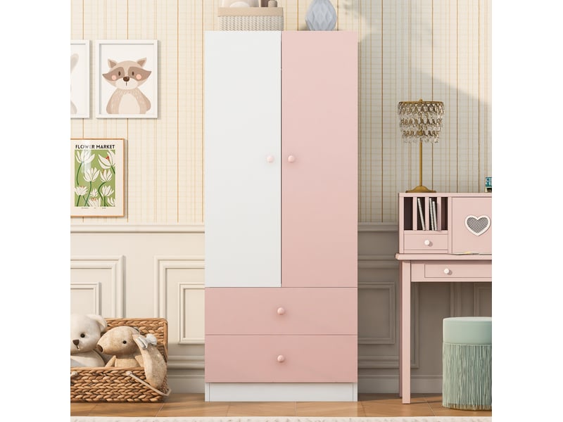  Armoire de rangement avec penderie et 2 tiroirs, finition bicolore rose et blanc, pour chambre, 70 × 40 × 170 cm  - Conforama C