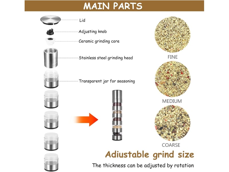  Ensemble de 5 moulins à sel et à poivre portables en acier inoxydable, comprenant des mini-pots à épices pour barbecue, camping et pique-nique  - Conforama D