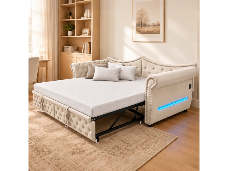  Lit banquette rembourré 90x200 cm - convertible - lit gigogne - éclairage led - port usb - prise de charge - velours - gain de place - beige CozyNest - Conforama C