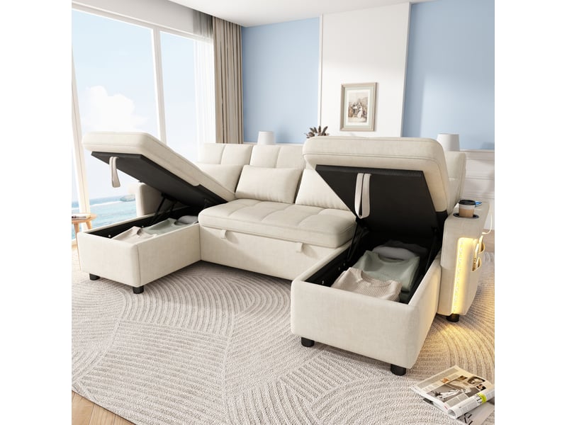 Canapé panoramique en u convertible avec coffres, led, usb-c, dossier réglable et porte-gobelets en chenille beige - Conforama B