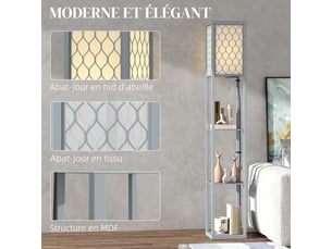 Lampadaire avec étagères, lampadaire sur pied de salon 3 niveaux, gris et blanc, interrupteur à tirette 26 x 26 x 160 cm