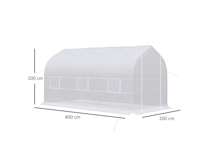 Serre tunnel de jardin 8m², serre de jardin tunnel avec 1 portes et 6 fenêtres, bâche pe 140gm² 400x200x200cm blanc - Conforama E