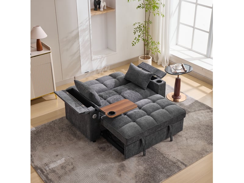  Canapé convertible 140,5x74x82 cm avec dossier réglable, ports usb et type-c, tablette dissimulée, tissu gris  - Conforama B