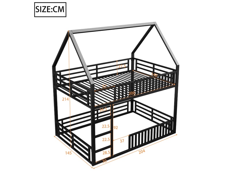  Lit superposé maison 140x200 avec garde-corps style clôture, éclairage led, en métal noir  - Conforama C
