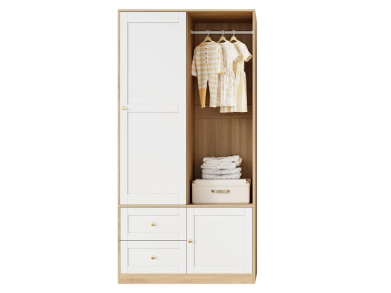  Armoire coulissante autoportante 90x50x180 cm – penderie semi-ouverte, bois et blanc, 2 tiroirs  - Conforama A