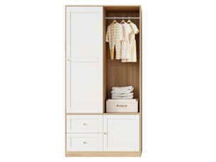 Armoire coulissante autoportante 90x50x180 cm – penderie semi-ouverte, bois et blanc, 2 tiroirs