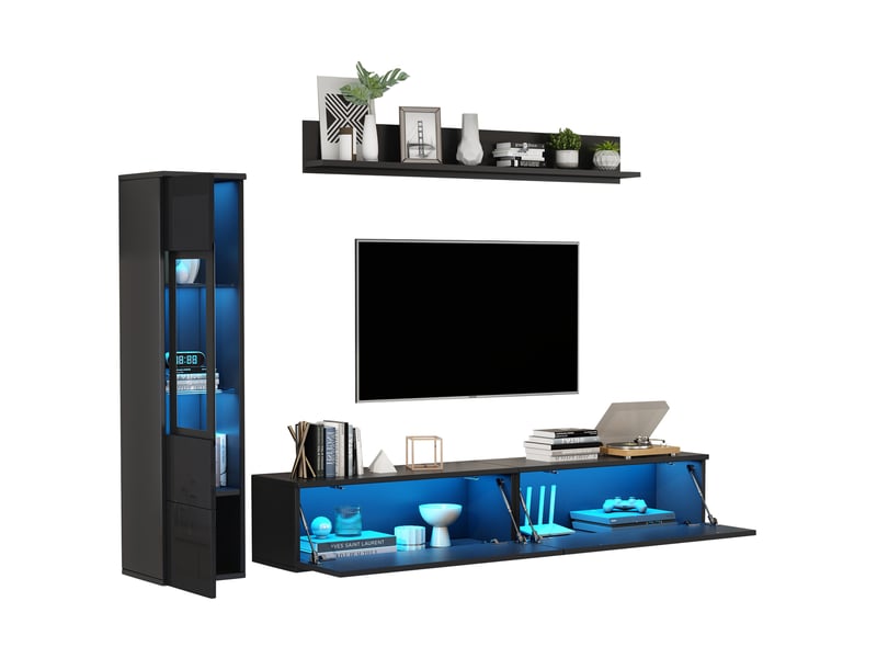 Ensemble meuble tv 3 éléments avec éclairage led, façades brillantes, noir - Conforama A
