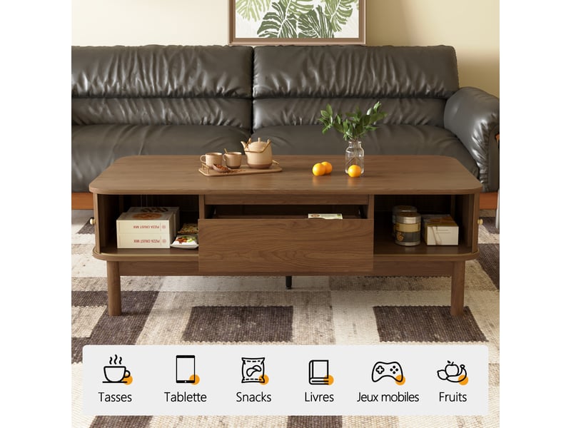  Table basse 120 × 62 × 41 cm en mdf avec tiroir, portes coulissantes à lamelles et rangement caché, marron, pour salon  - Conforama E
