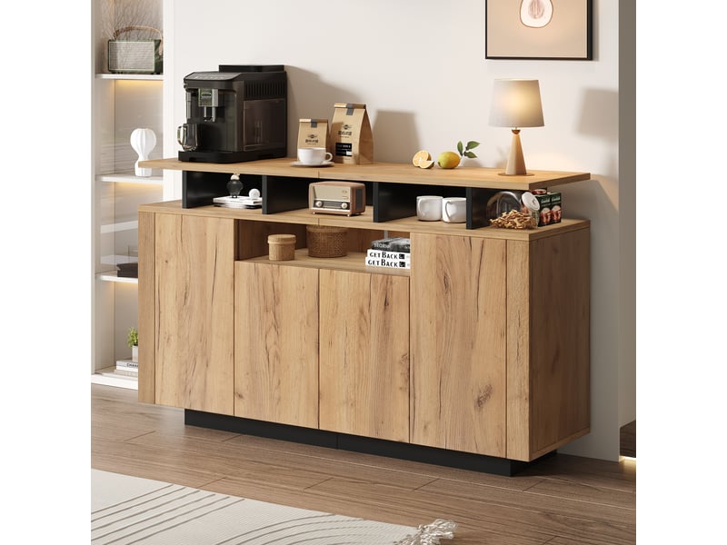 Buffet et enfilade avec 4 portes et 3 niches ouvertes pour salon ou entrée en panneaux de particules, 140×40×85 cm - Conforama B