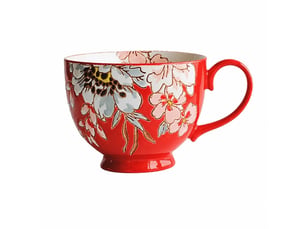 Mug et cuillère en céramique, couronne de fleurs, rouge vintage, 420 ml