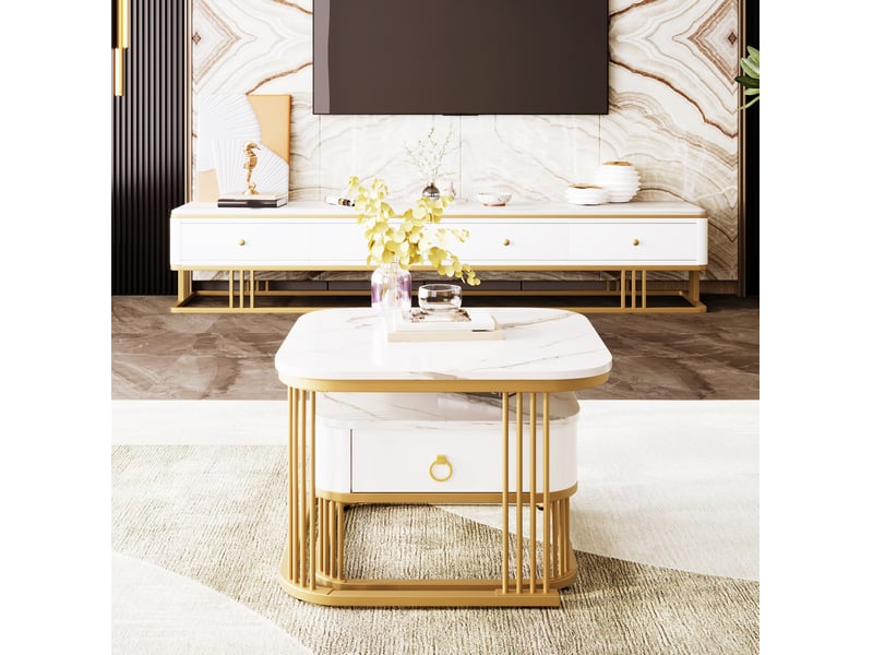  Lot de 2 tables basses gigognes avec tiroir, effet marbre blanc brillant et métal doré  - Conforama C