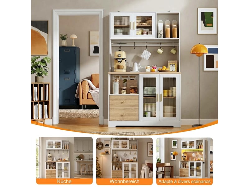  Buffet de cuisine haut 178 cm blanc et effet bois, avec éclairage led et prise  - Conforama D