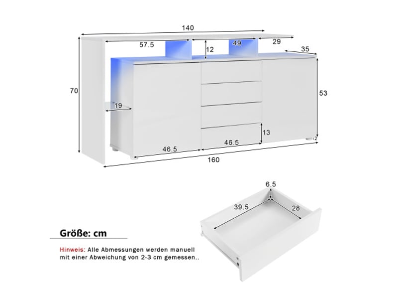  Buffet salon moderne blanc laqué avec led, meuble tv et rangement, 4 portes rotin, poignées métal, style minimaliste pour salon  - Conforama C