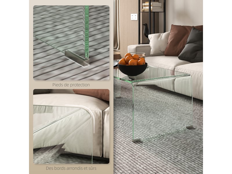  Table basse en verre table de salon rectangulaire design moderne en verre trempé avec bords sûrs arrondis transparent  - Conforama E