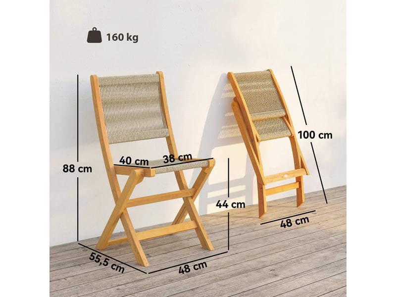  Lot de 2 chaises de jardin pliantes en acacia et corde tressée beige 48x55,5x88 cm  - Conforama C