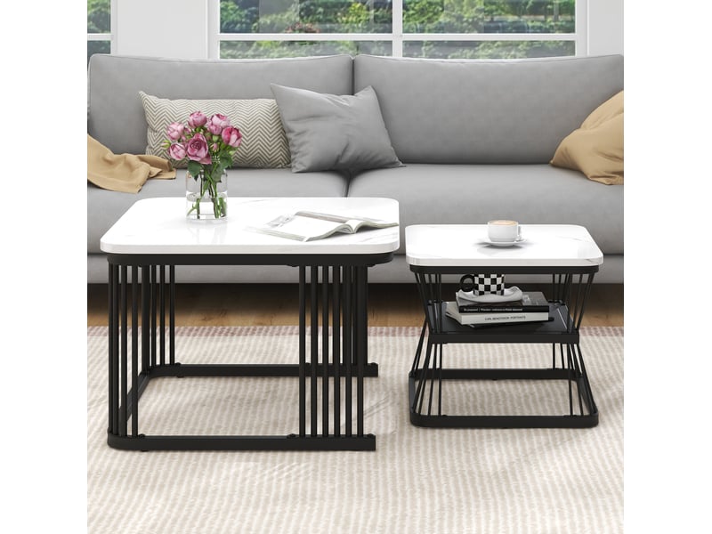 Table basse 2 pièces 65x65x45+45x45x39,5 cm mdf effet marbre(matériau non marbré), pieds acier noir mat, blanc - Conforama B