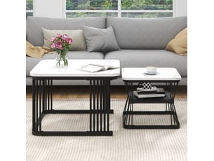 Table basse 2 pièces 65x65x45+45x45x39,5 cm mdf effet marbre(matériau non marbré), pieds acier noir mat, blanc