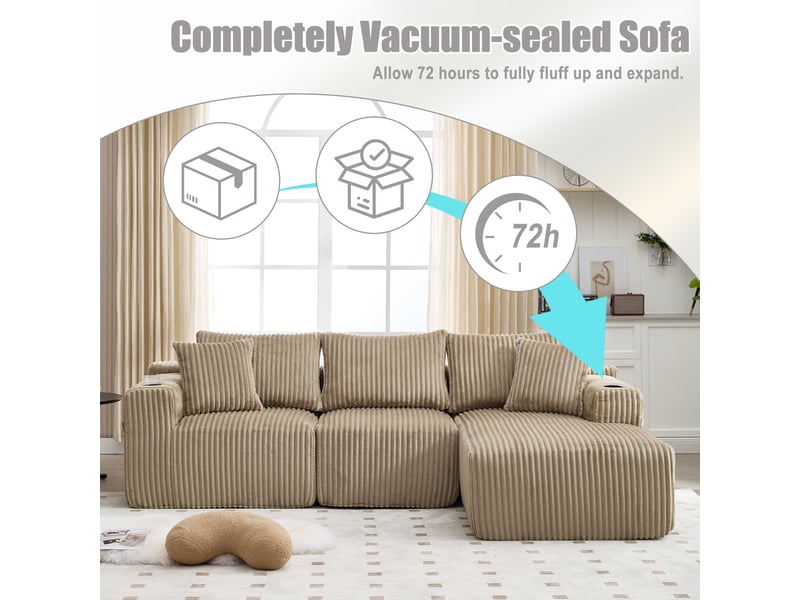 Canapé modulable en velours côtelé kaki 257x160x62 cm, chaise longue, 2 places, 5 coussins, poches et porte-gobelets 257x160x62cm - Conforama R
