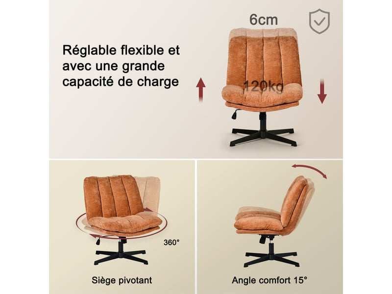  Fauteuil salon pivotant sur 360°, réglable en hauteur, sans accoudoirs, en tissu chenille, rouge  - Conforama D