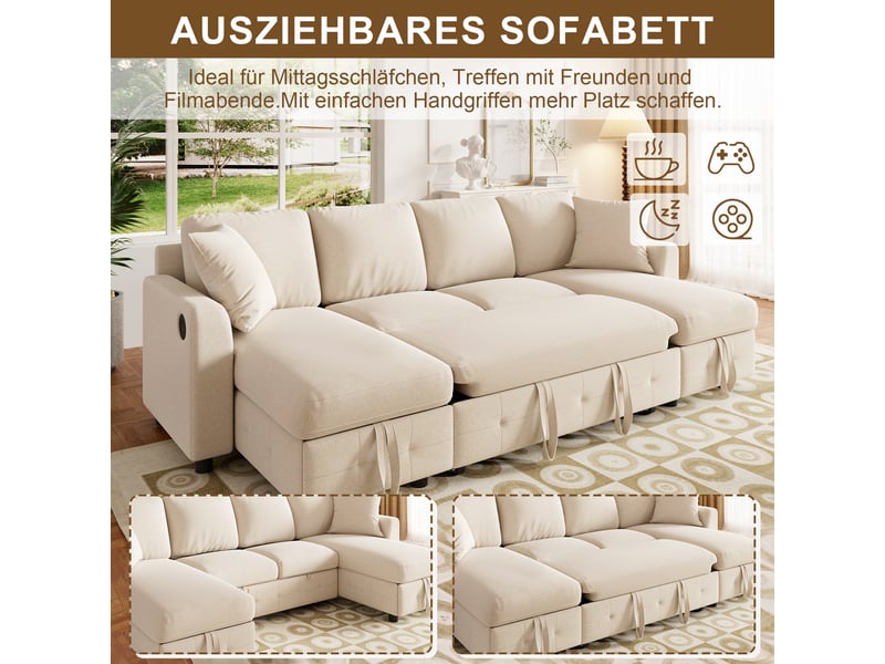 Canapé panoramique beige en chenille, 260 × 128 × 82 cm, avec couchage, pour salon et charge max. 150 kg - Conforama E
