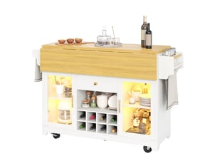 Desserte de cuisine avec plateaux rabattables, led multicolore, étagères réglables et porte-bouteilles, blanche