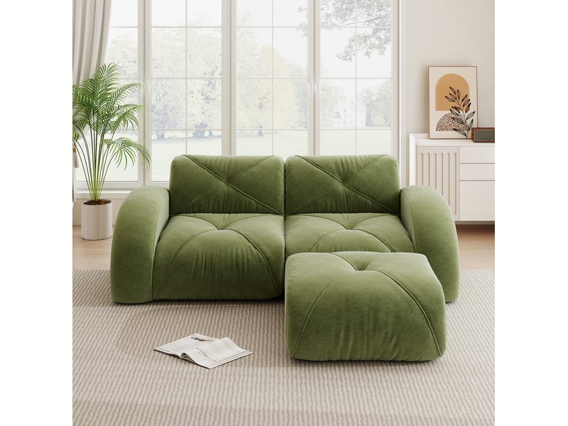  Canapé modulaire 2 places avec pouf en tissu chenille vert 204x171x76 cm  - Conforama E