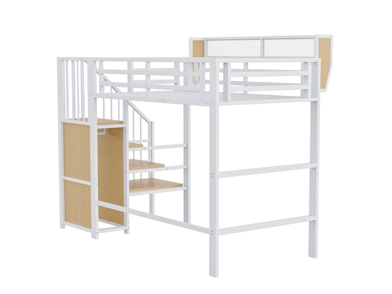 Lit mezzanine 90x200 cm 255x95x191 cm blanc, métal et mdf, étagère modulable, échelle sécurisée - Conforama D