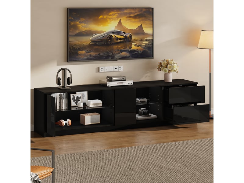  Meuble tv noir brillant 160x40x52 cm, led éclairage, écran jusqu’à 65 pouces — rangement et design contemporain  - Conforama D