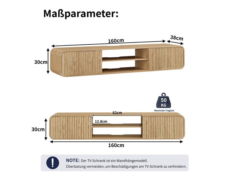  Meuble tv mural 160 cm avec rangement ouvert naturel homvra  - Conforama E